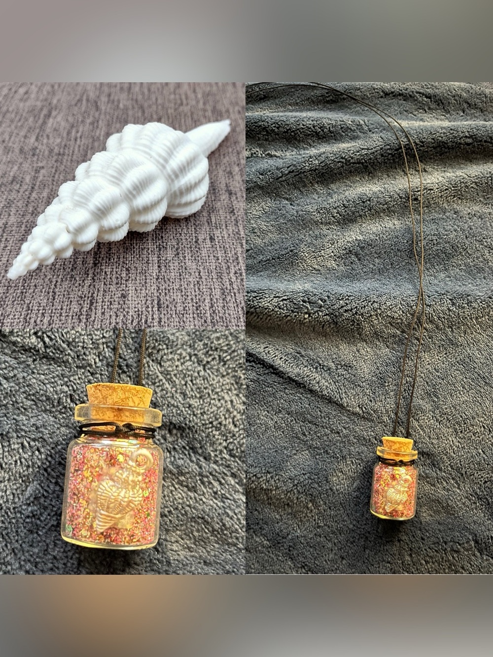 White Seashell Fairy Potion Glitter Bottle Necklace w/ Pendant